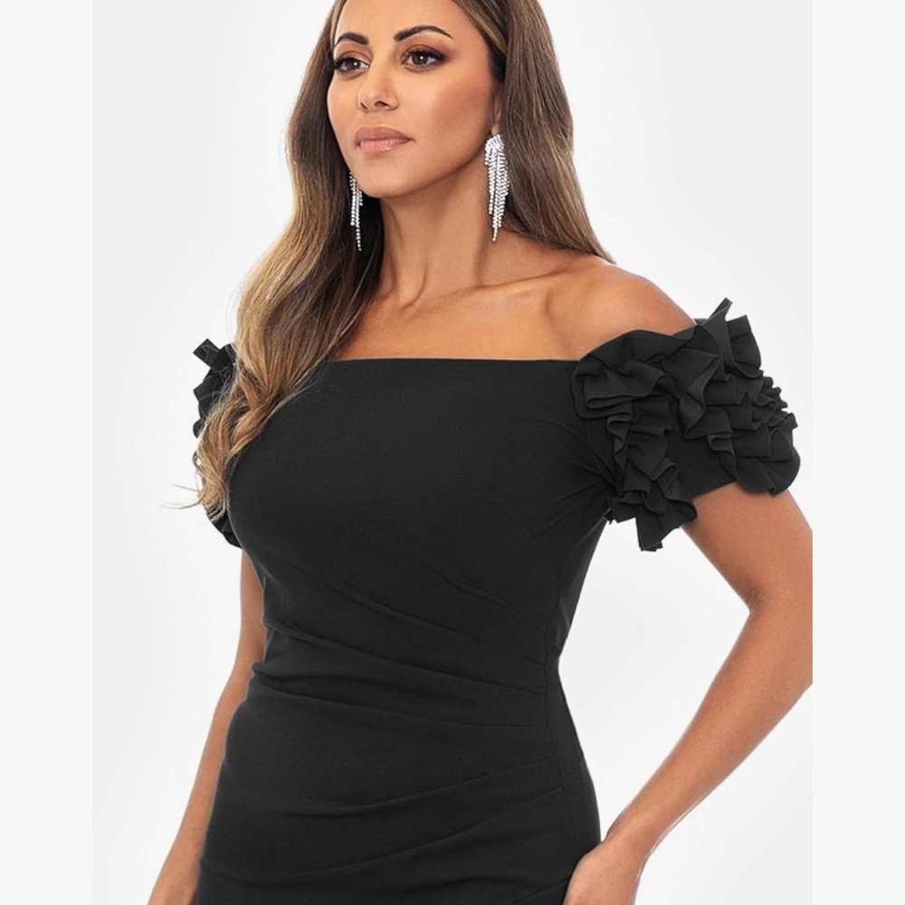 Xscape Black One-Shoulder Ruffle Sleeve High-Low Dress - Picture 3 of 5